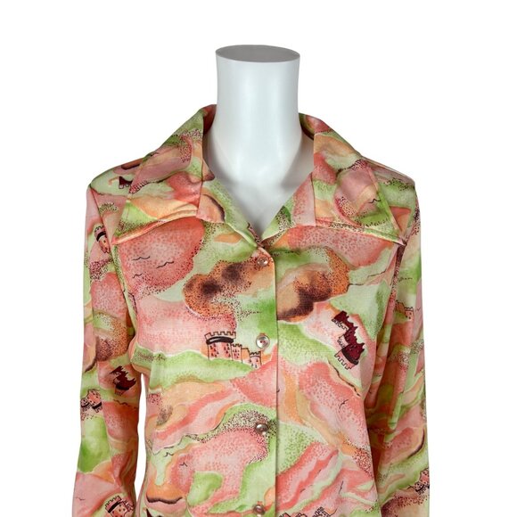 Vintage 70s Castle Blouse Women's Large Cloud Novelty Print Green Pink Top - Picture 2 of 10